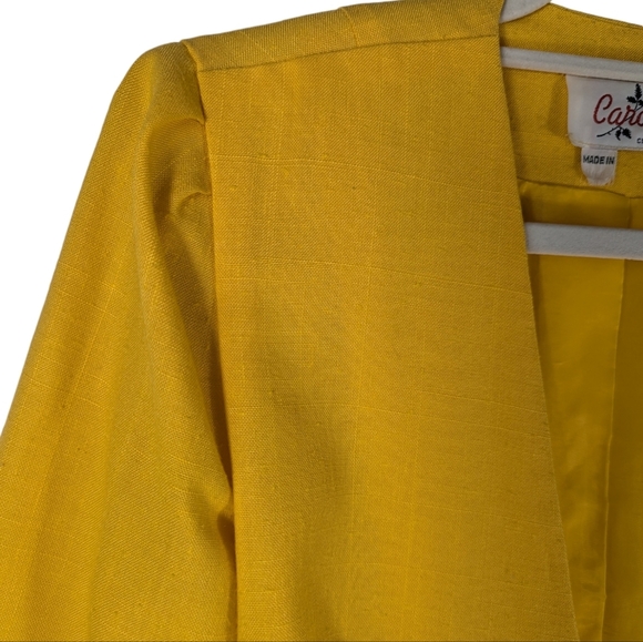 Vintage Retro Caron Chicago Linen Mustard Yellow Collarless Blazer Jacket - Picture 4 of 12